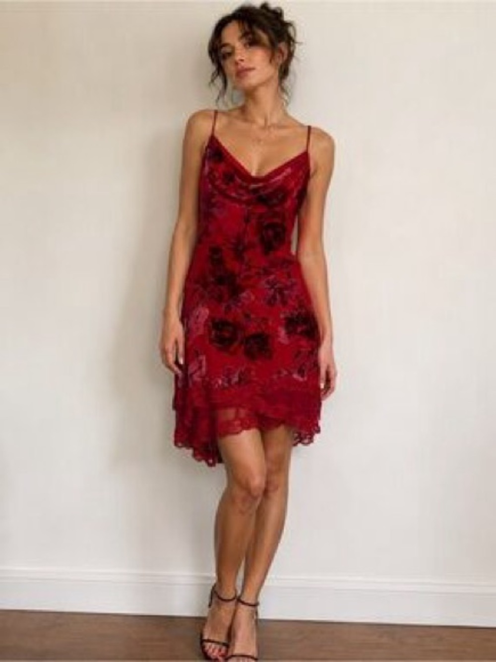 Vintage 90s y2k Betsey Johnson red velvet burnout rose lace dress - Picture 1 of 8